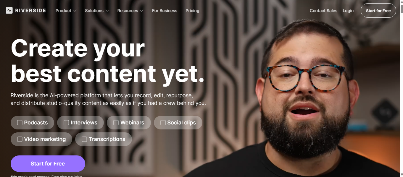 Riverside homepage with “Create your best content yet” and tags for podcasts, interviews, webinars, and social clips.