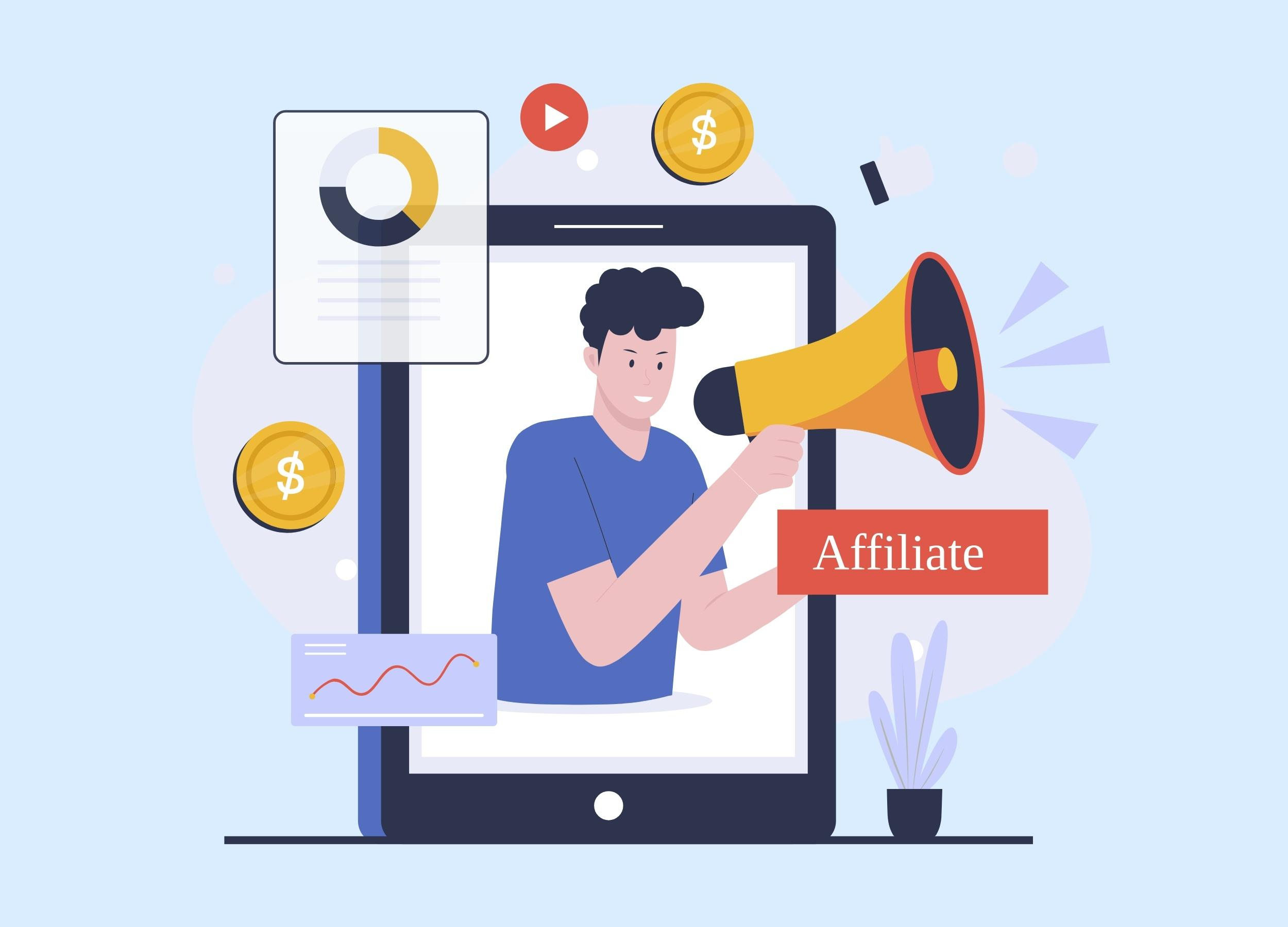 Affiliate marketing concept with a network of interconnected icons representing affiliate program