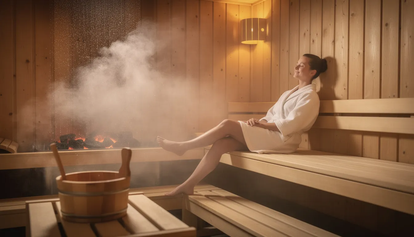 A person is relaxing in a traditional wooden Finnish sauna, surrounded by steam, which promotes relaxation and enhances recovery benefits after a tough workout. The soothing heat and increased blood flow contribute to muscle recovery and overall well-being.