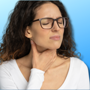 An image of a woman holding her neck while practicing throat exercises for dysphagia.
