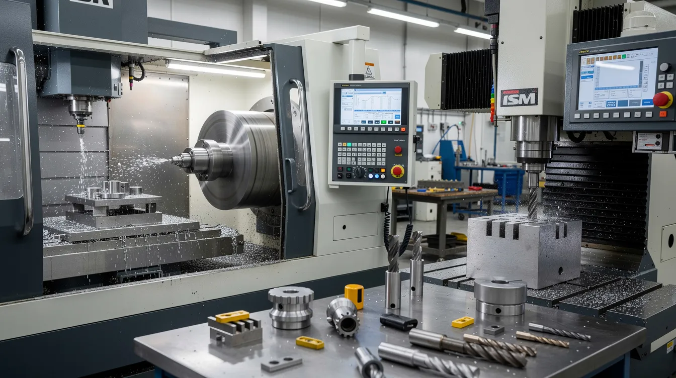 The image showcases various CNC machining operations, including milling, turning, and drilling, with a focus on CNC lathes and CNC milling machines. These advanced manufacturing processes utilize cutting tools and CNC technology to produce high precision parts from materials like stainless steel and mild steel.
