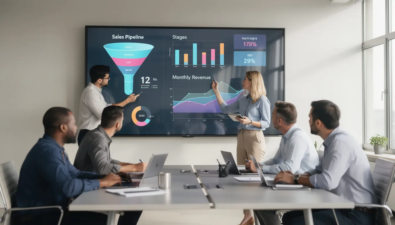 Lead Generation Strategies For Sustainable Business Growth 1 A sales team is gathered around a modern dashboard display, analyzing pipeline metrics to enhance their lead generation efforts. They focus on identifying qualified leads and refining their successful lead generation strategy to engage potential customers effectively.