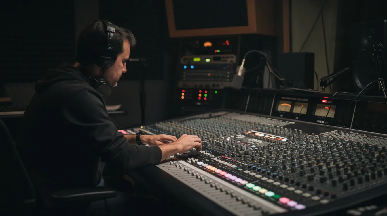 Ein Musiker sitzt konzentriert vor einem großen Mischpult in einem abgedunkelten Tonstudio, umgeben von vielen leuchtenden Reglern und Knöpfen, die eine kreative Atmosphäre schaffen. Die Szene vermittelt eine tiefgehende Verbindung zur Musikproduktion, die an die komplexen Traumwelten in Christopher Nolans Filmen erinnert.