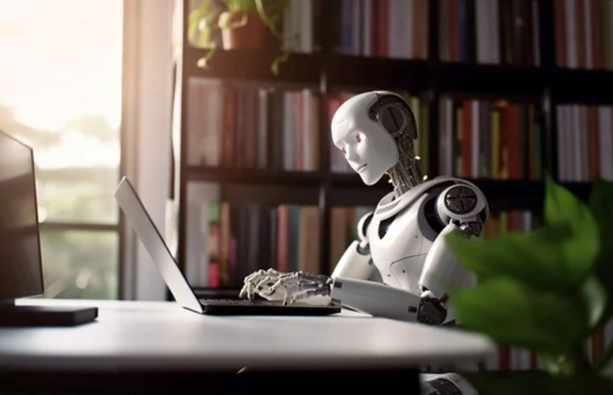 Roboter, der an einem Laptop sitzt und schreibt