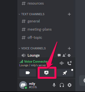 Closeup image showing the share your screen icon on a Discord voice channel