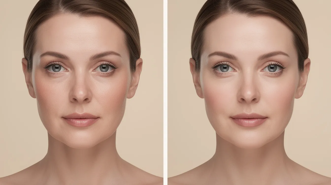 The image features a side-by-side portrait comparison highlighting subtle improvements in cheek volume through a cheek filler procedure, with soft studio lighting enhancing the facial contours. The left side shows the initial appearance with more pronounced smile lines and nasolabial folds, while the right side reveals a more youthful shape and smoother fine lines after the treatment, showcasing the effectiveness of hyaluronic acid cheek fillers.