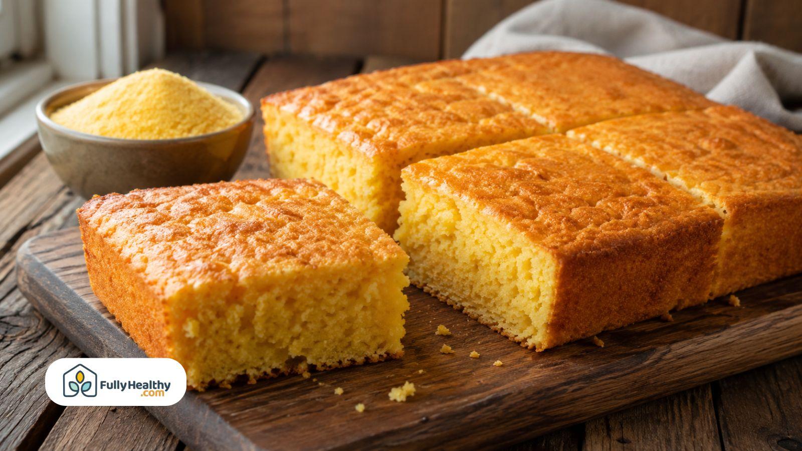 Golden gluten-free cornbread squares served beside a bowl of yellow cornmeal