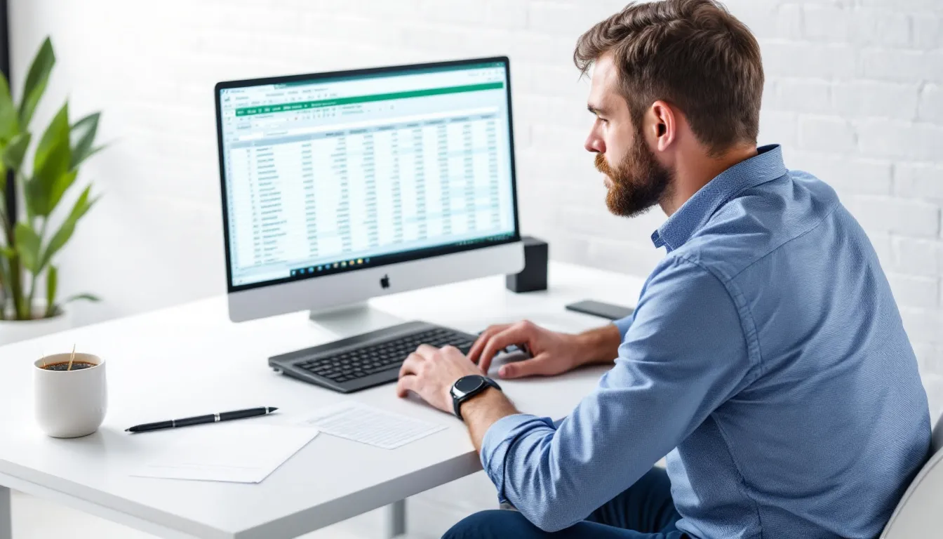 Ein Mitarbeiter sitzt an seinem Schreibtisch und verwendet Excel, um seine tägliche Arbeitszeit zu berechnen. Auf dem Bildschirm sind Formeln und eine Tabelle zu sehen, die ihm helfen, seine Arbeitszeiten, Pausen und die Gesamtarbeitsstunden für den Arbeitstag zu erfassen.