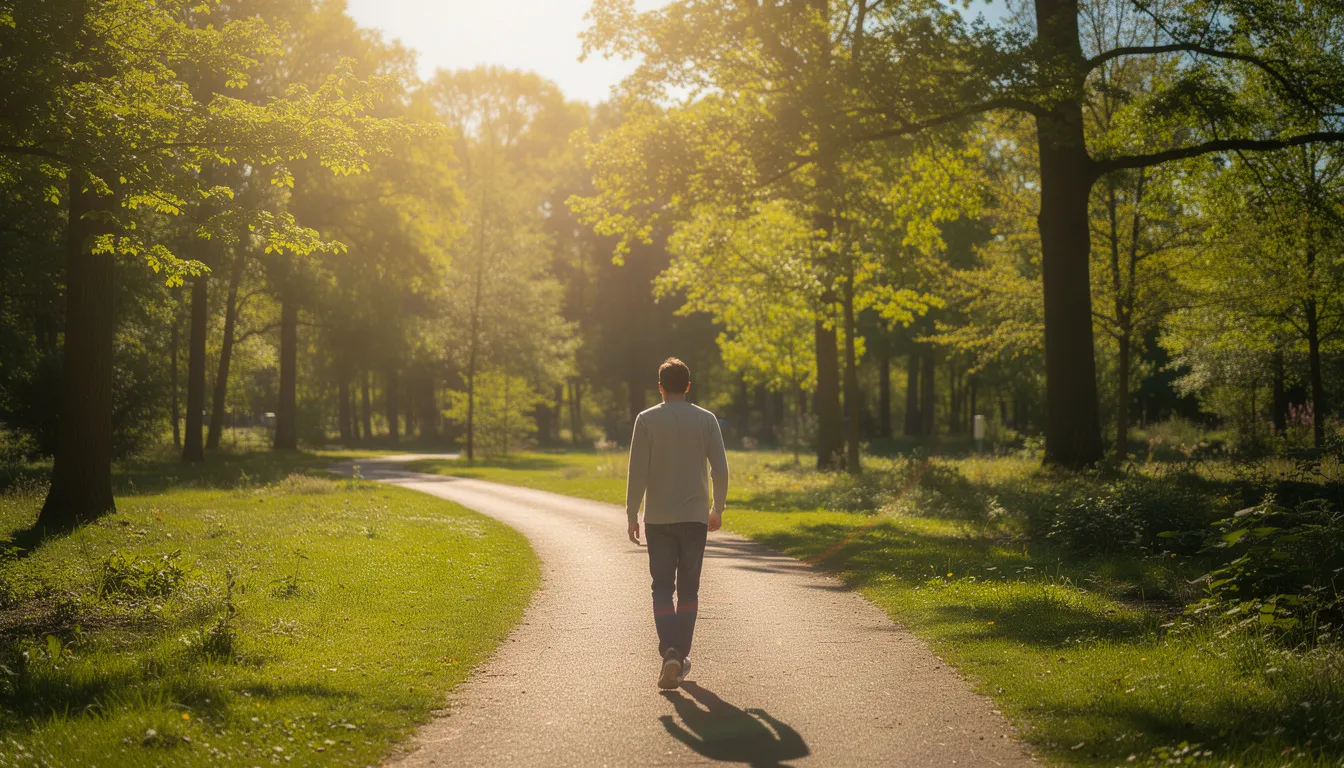 A person is walking outdoors on a sunlit path through a park, surrounded by lush greenery, promoting overall health and well-being. This serene environment supports mental health and encourages a healthy lifestyle, contributing to the benefits of physical activity and the aging process.