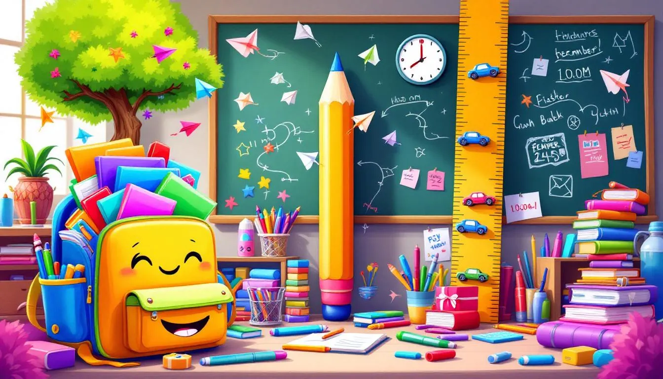 Essential classroom supplies including writing utensils and organizational tools.