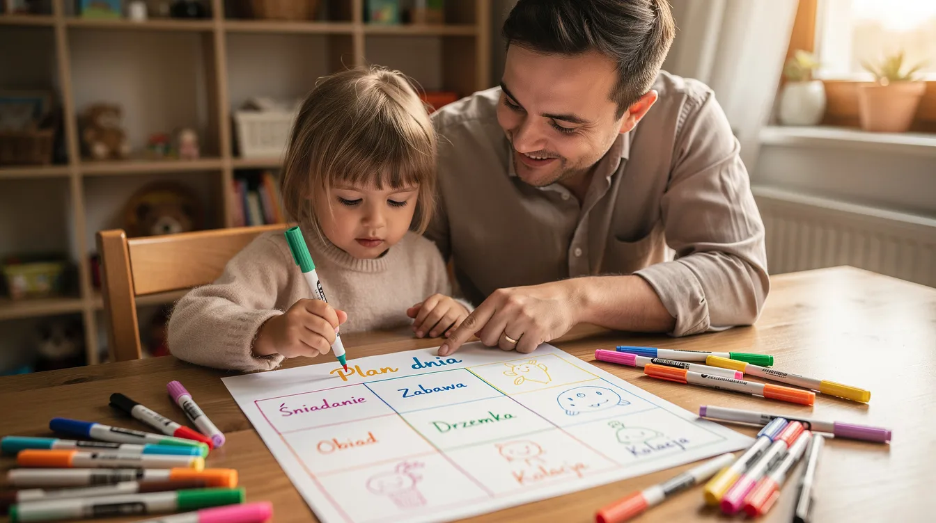 Na obrazku widzimy dziecko i rodzica siedzących przy stole, gdzie rysują wspólnie plan dnia dziecka na dużej kartce. Obok nich leżą kolorowe mazaki, a atmosfera jest pełna kreatywności i radości, co sprzyja nauce odpowiedzialności i organizacji codziennych obowiązków.