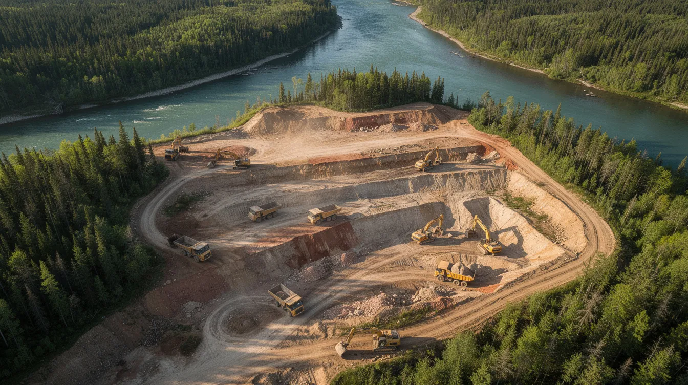 Die Luftaufnahme zeigt einen großen Mining-Claim in einer bewaldeten Flusslandschaft, wo schwere Maschinen für Erdarbeiten eingesetzt werden. Diese Szene erinnert an den Goldrausch in Alaska, wie er in der Serie auf dem Discovery Channel dargestellt wird, und bietet einen Einblick in die Welt der Goldsucher und Goldschürfer.