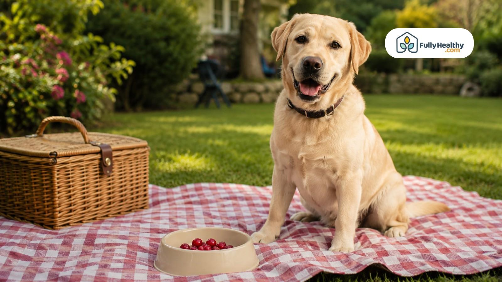 Golden Labrador beside cranberry snack bowl on picnic blanket in sunny backyard