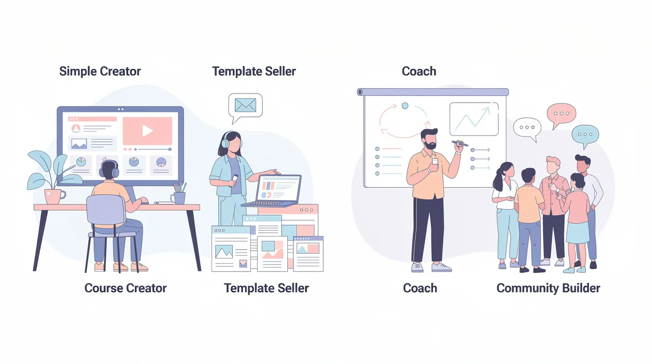 The illustration depicts four distinct creator types: a course creator engaged with a computer screen, a template seller showcasing design files, a coach presenting ideas on a whiteboard, and a community builder interacting with a group of people, highlighting various aspects of online business and digital products. This visual representation emphasizes the diverse opportunities available on platforms like Podia for selling courses, digital downloads, and fostering community engagement.