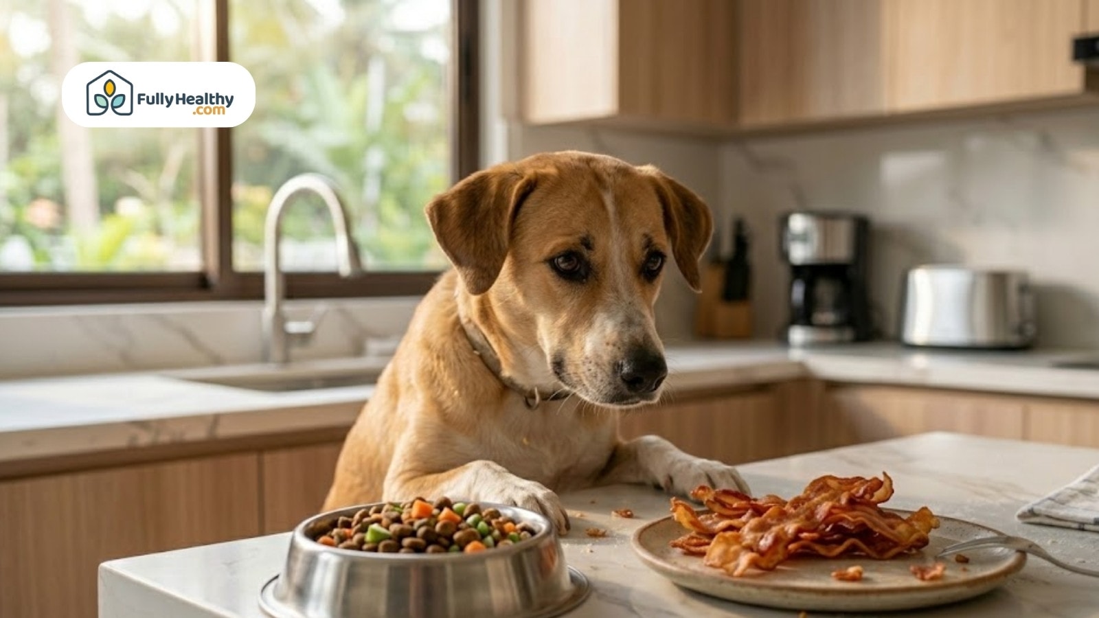 Dog choosing between bacon strips and bowl of kibble