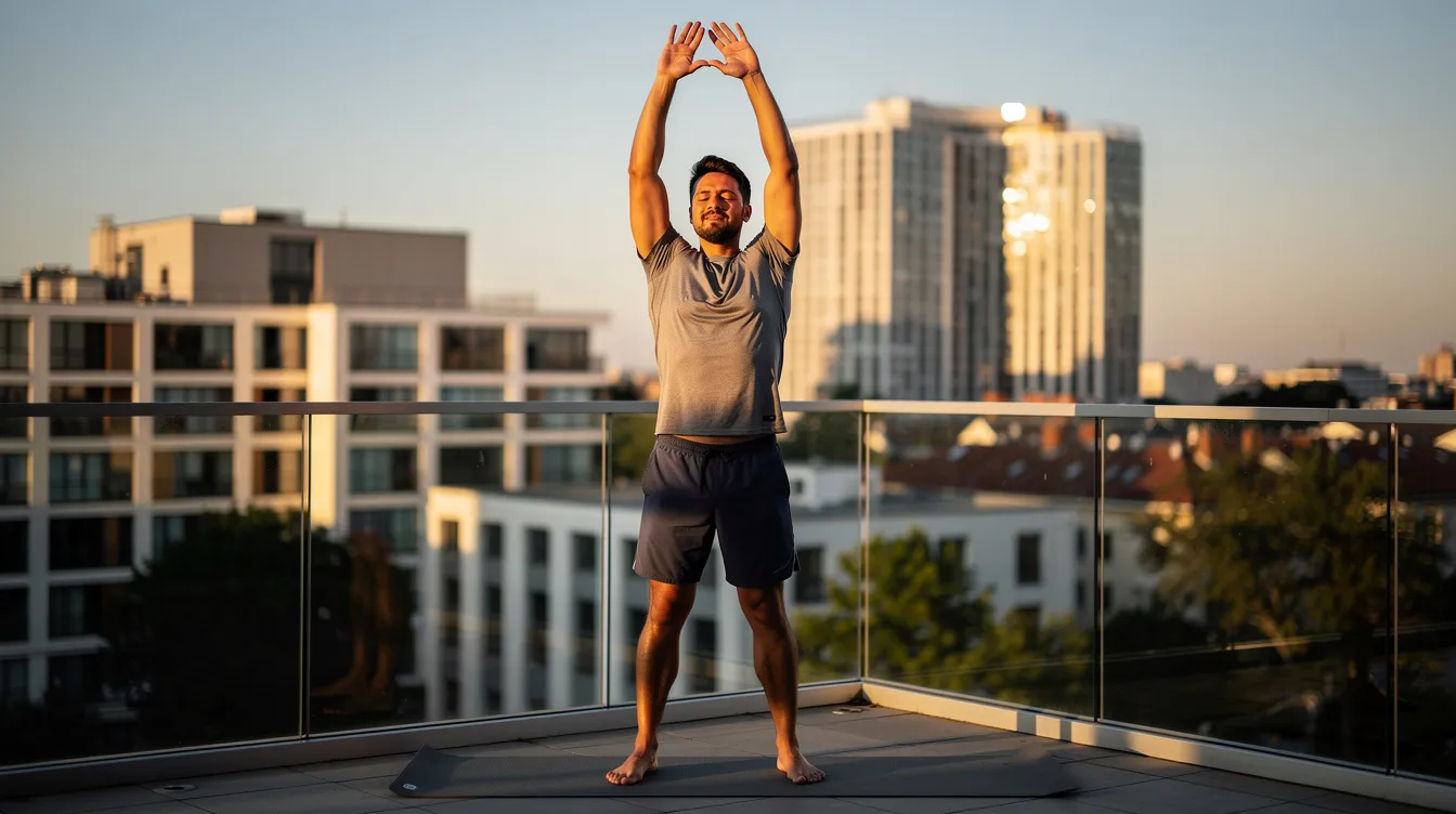 A man in his 30s is stretching on a sunlit balcony, enjoying his morning routine while overlooking a vibrant cityscape. This moment reflects a commitment to male health and overall well-being, potentially enhancing energy levels and physical performance through lifestyle changes.