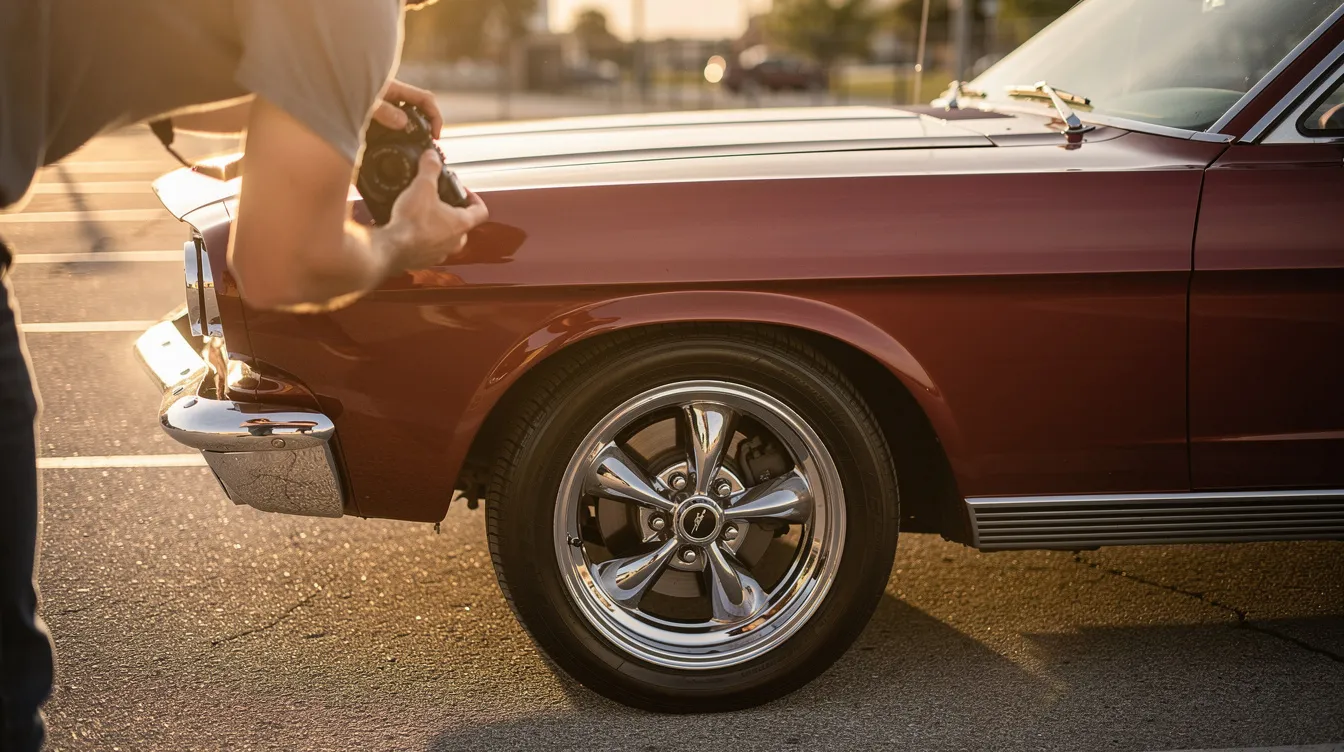 A classic car owner is capturing a photograph of the front quarter panel of a vintage muscle car, showcasing its pristine condition and unique features. This moment highlights the passion of classic car owners and the importance of vehicle preservation in the realm of classic car transport services.