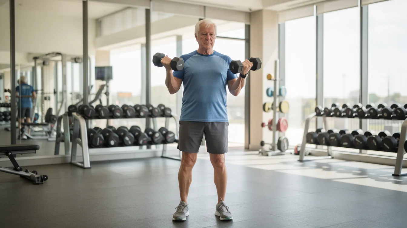 An older adult is exercising with weights in a modern fitness facility, showcasing the importance of physical activity in promoting healthy aging and improving metabolic health. This scene reflects ongoing aging research and the pursuit of longevity through lifestyle choices that may help combat age-related diseases.