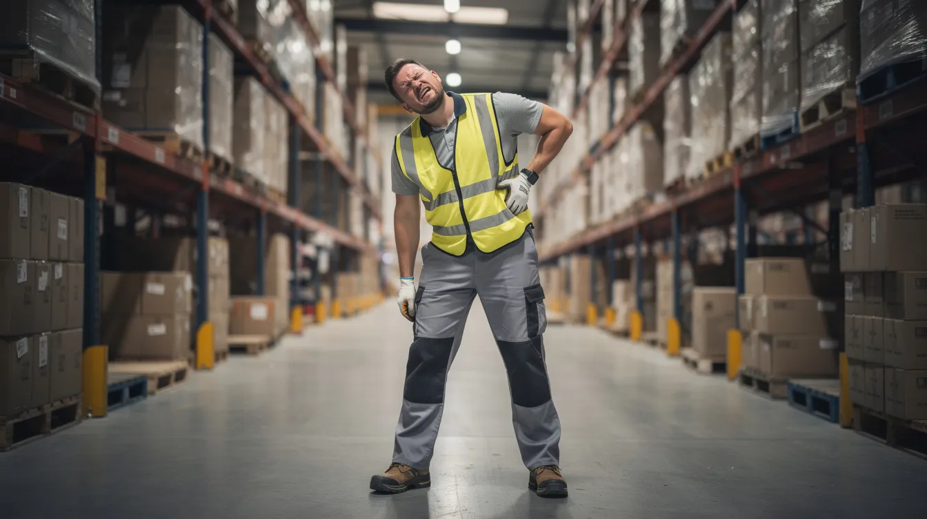 A warehouse worker is depicted holding their lower back in visible discomfort, suggesting a potential workplace injury. This scenario highlights the importance of seeking medical care and understanding workers compensation claims, especially for those with pre-existing conditions that may affect their recovery.
