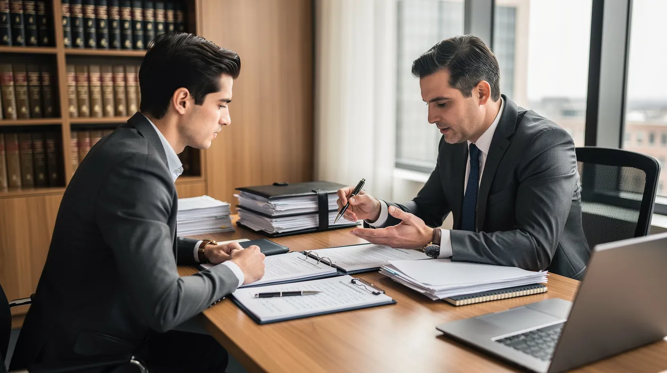 The image depicts a professional meeting between a lawyer and a client at a desk, where various paperwork, including medical records and disability claim documents, are spread out. This setting suggests a discussion focused on the client's social security disability insurance application and the details surrounding their alleged onset date.