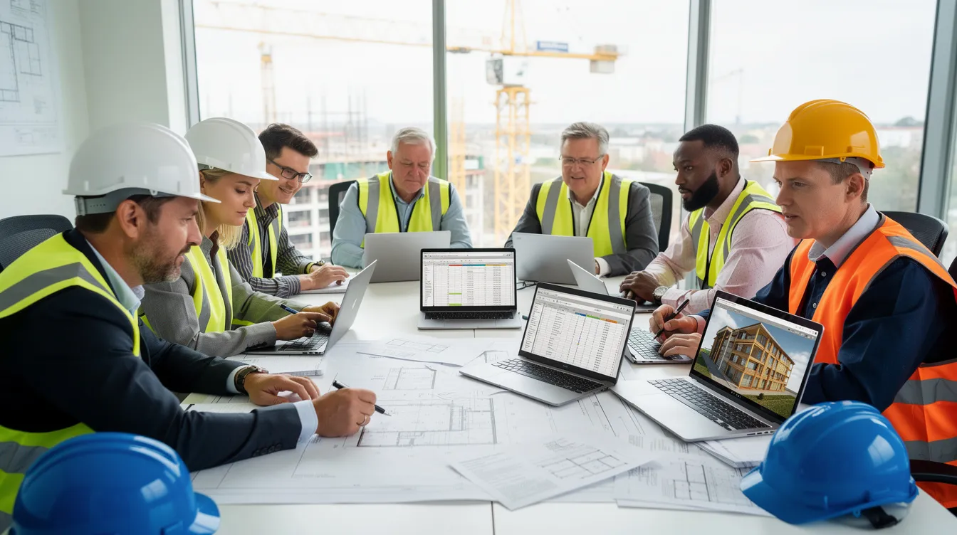 A construction team is gathered around a table, discussing project documents and laptops, focusing on project management and financial performance related to their construction projects. They are likely reviewing revenue recognition methods and costs incurred to ensure the company's financial health and accurate accounting practices.