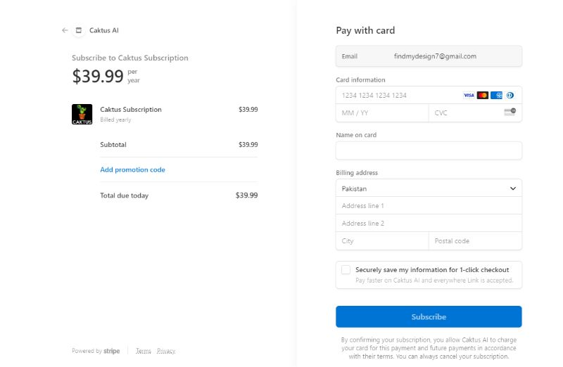 screenshot of caktus ai payment plan
