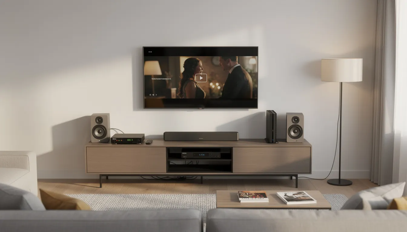 The image depicts a modern living room featuring a sleek TV setup with a DStv decoder and an entertainment system, showcasing a stylish and inviting space for relaxation and entertainment. This setup highlights the importance of professional DStv installation services for optimal viewing experiences.