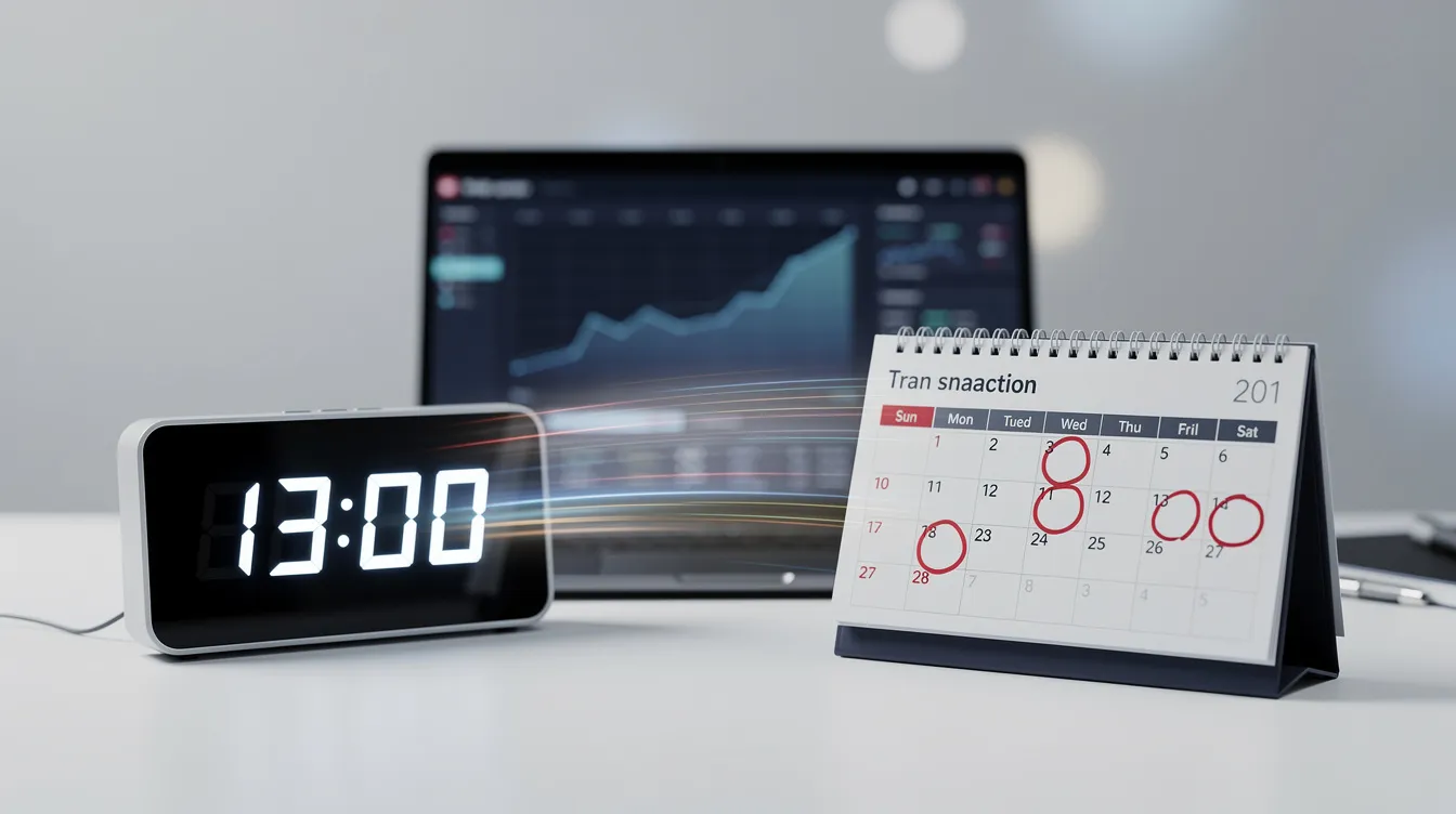 The image features a clock and calendar on a desk, representing fast transaction processing times for sending money online. This visual symbolizes the efficiency of international money transfers through Equitas Small Finance Bank, emphasizing quick delivery and competitive exchange rates.