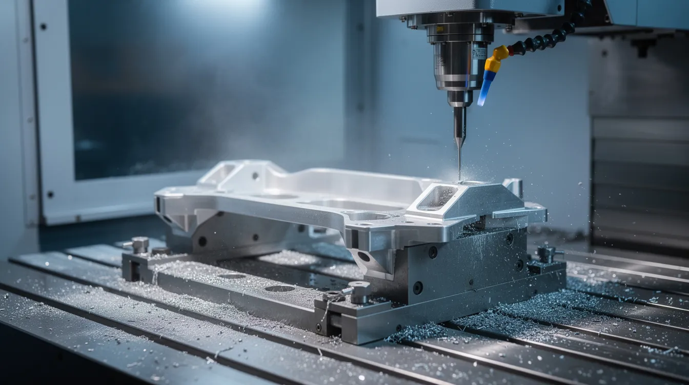 The image shows a CNC machining center actively cutting an aluminum aerospace bracket, which is securely clamped in a 5-axis fixture. Coolant mist is visibly spraying during the precision CNC machining operation, highlighting the advanced technology used in aerospace manufacturing.