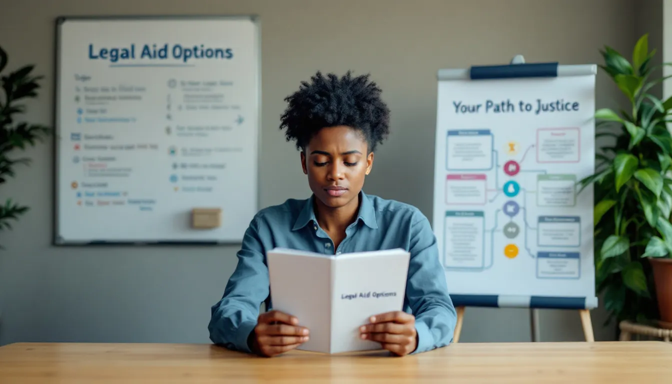 A person considering legal aid options while looking at a brochure.