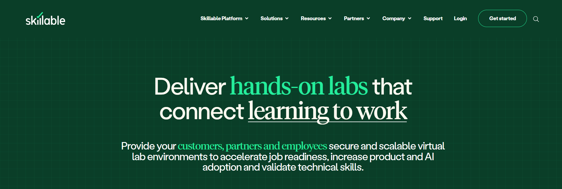 Homepage of a virtual lab and technical training platform featuring secure, scalable hands-on learning environments for skills development and workforce readiness.
