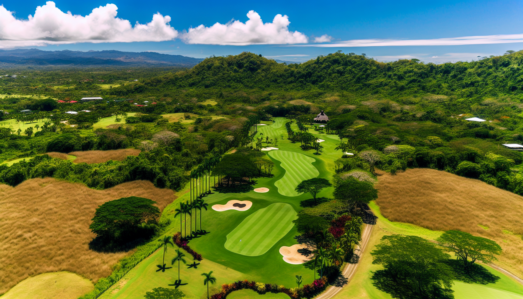 Aerial view of a lush golf course surrounded by Costa Rica's natural beauty