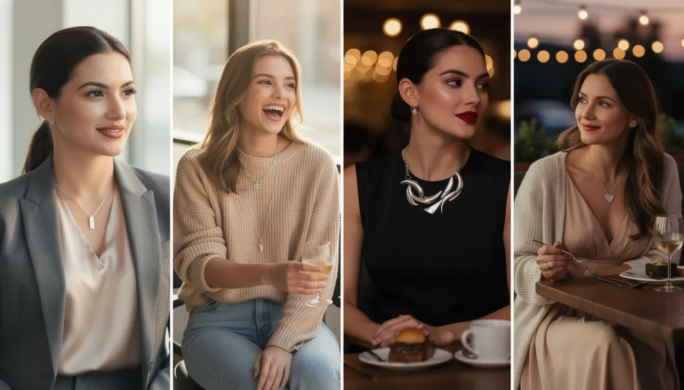 The image showcases a collection of silver necklaces, including sterling silver chains and initial pendants, styled for various occasions. Each piece features different lengths and designs, from dainty to chunky, making them the perfect choice for everyday wear or special events.