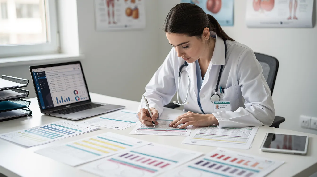 The image depicts a medical professional, likely a physician or physician's assistant, reviewing patient charts and test results on a desk, indicating a focus on medical care and potential medical malpractice cases. This scene reflects the diligent examination necessary for assessing medical negligence and ensuring proper patient treatment.