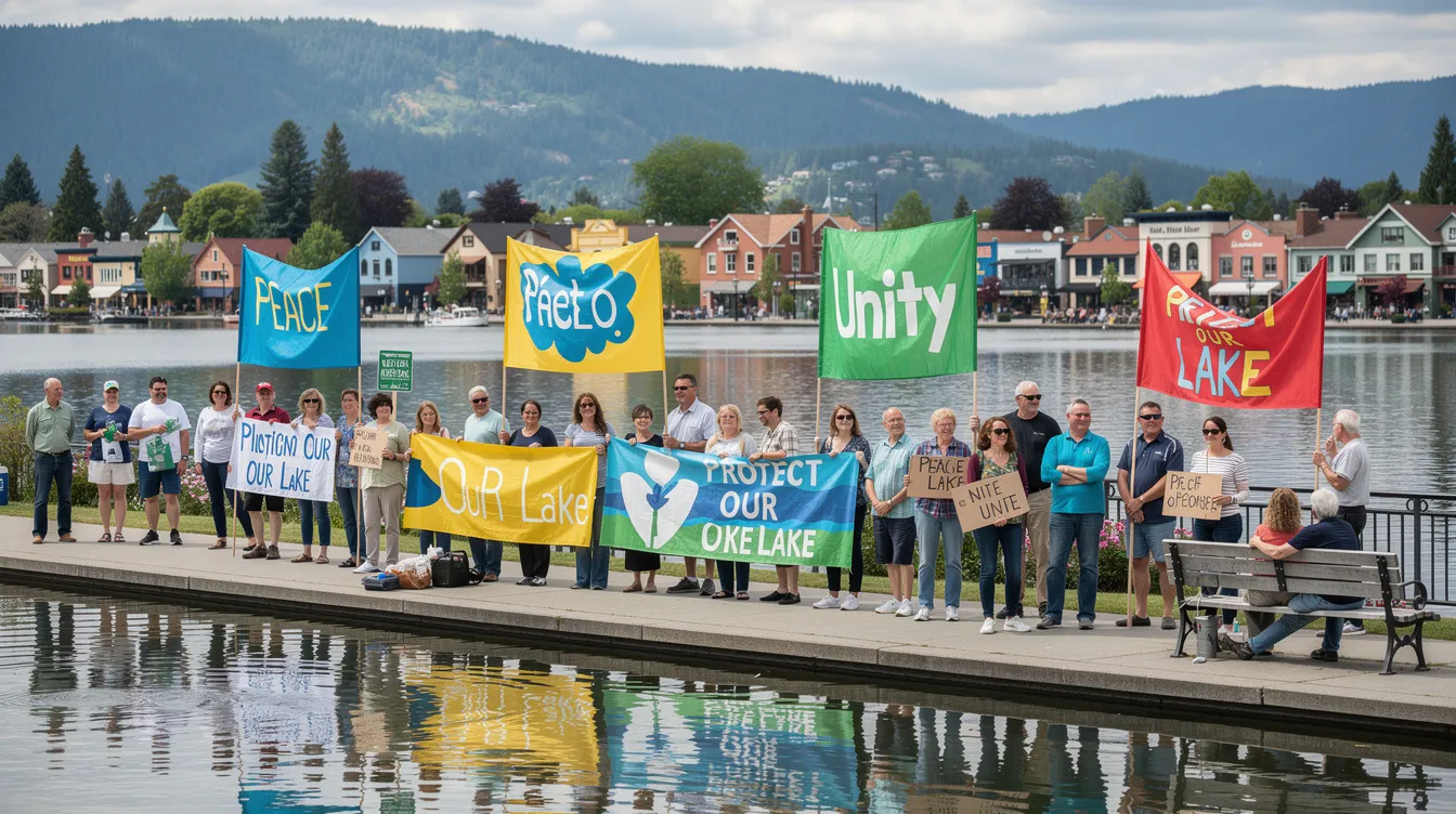 The image depicts a peaceful outdoor protest taking place by a serene lakeside town, with a diverse group of people holding colorful banners advocating for global issues such as climate change and gender equality. The vibrant atmosphere reflects a community united in their call for action, emphasizing the importance of international cooperation among world leaders to address challenges faced by the global economy.