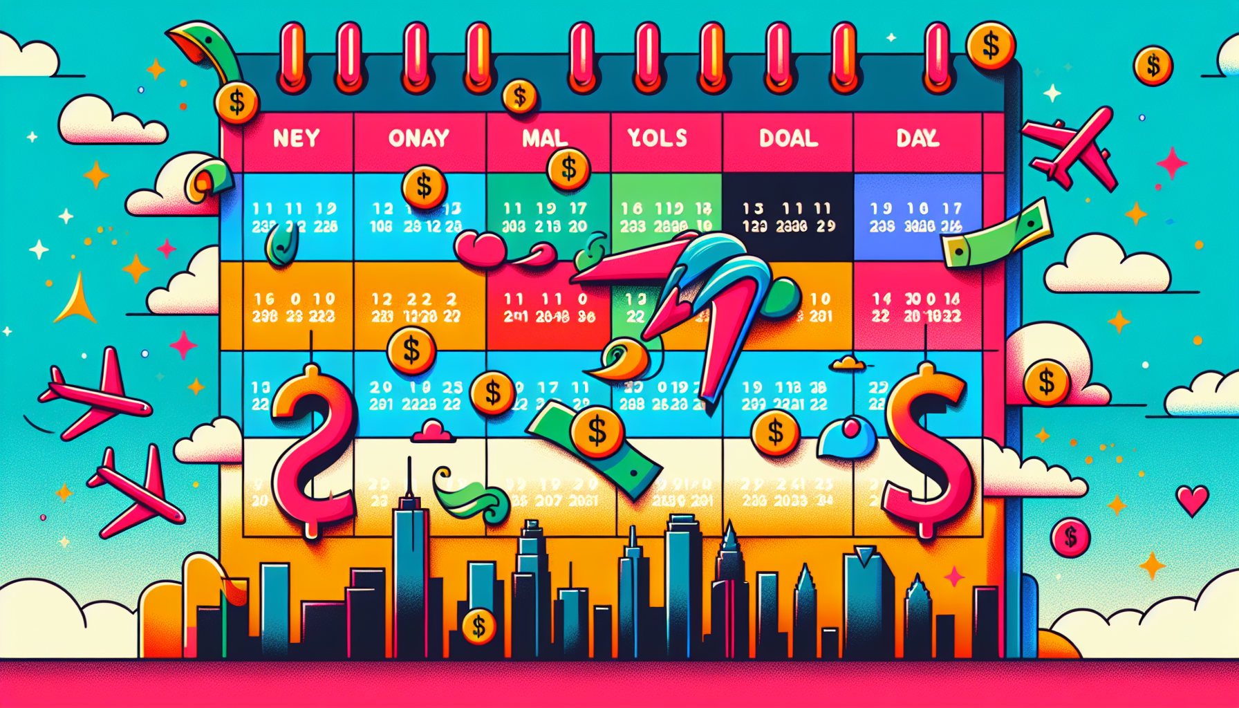 An illustration representing the cheapest days to fly from NYC to Dallas, with a calendar and flight symbols.