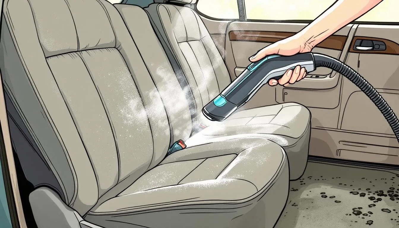 A steam cleaner in action on car seats and carpets, demonstrating how to deep clean and eliminate odors.