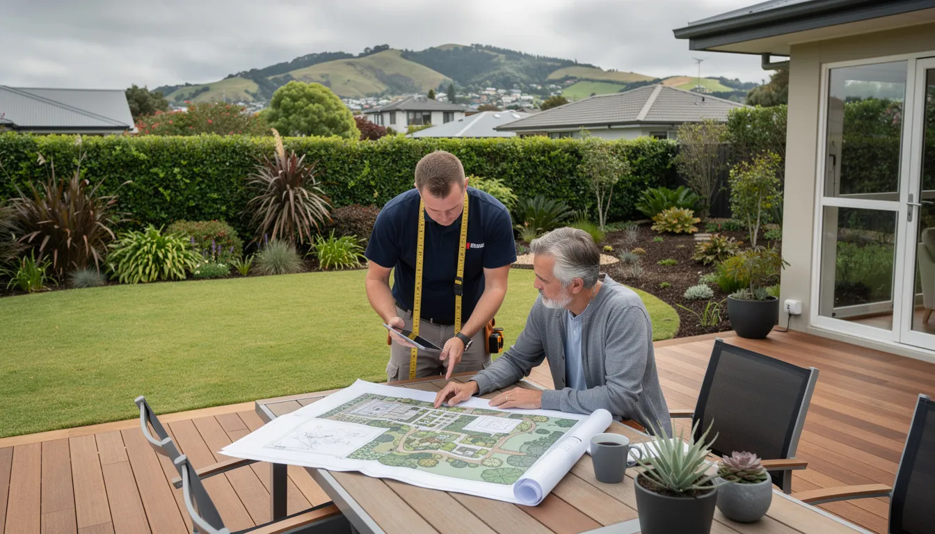 A professional landscaper is consulting with a homeowner on a Wellington deck, discussing garden plans that incorporate native plants and sustainable practices for the outdoor space. The scene highlights their collaboration on a landscaping project designed to enhance the aesthetic appeal and ecological benefits of the property in Wellington's climate.