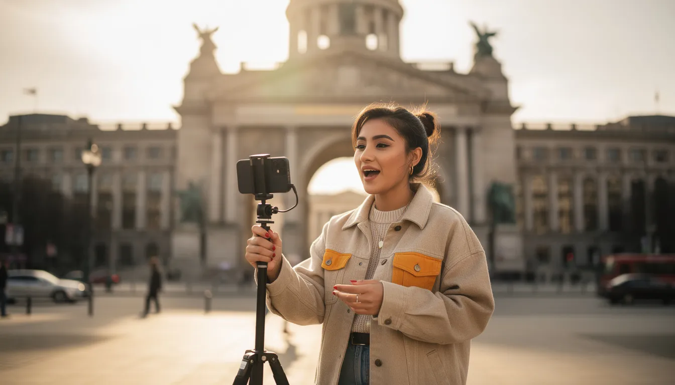 A local influencer is creating engaging content in front of a recognizable city landmark, showcasing their connection to the local culture and promoting local businesses through influencer marketing on various social media platforms. This scene highlights the importance of local visibility and community engagement in attracting potential customers.