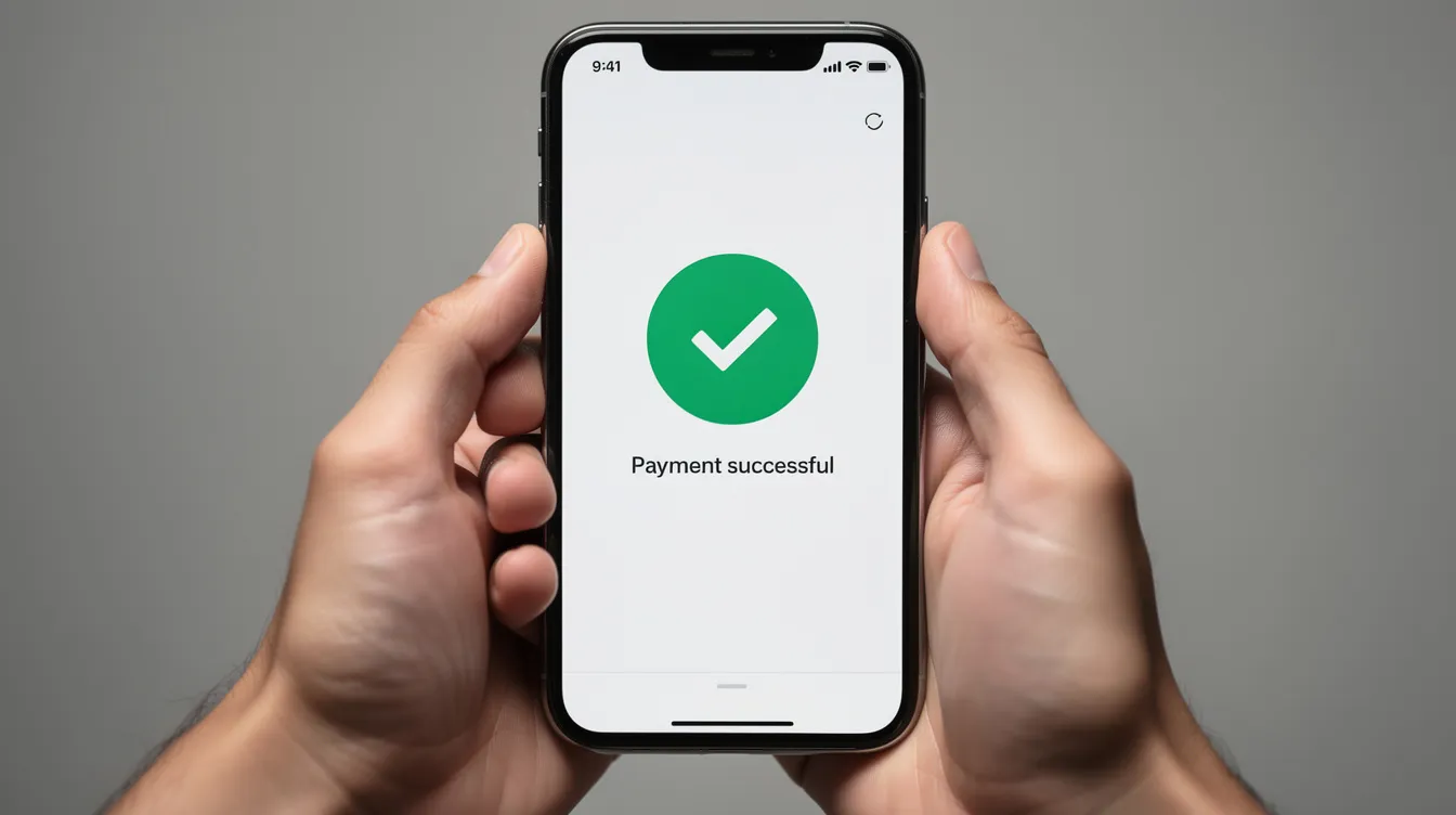A pair of hands is holding a mobile phone that displays a confirmation screen with a checkmark, indicating a successful money transfer. This image represents the ease of sending money online, such as transferring funds to Cameroon through various money transfer services.
