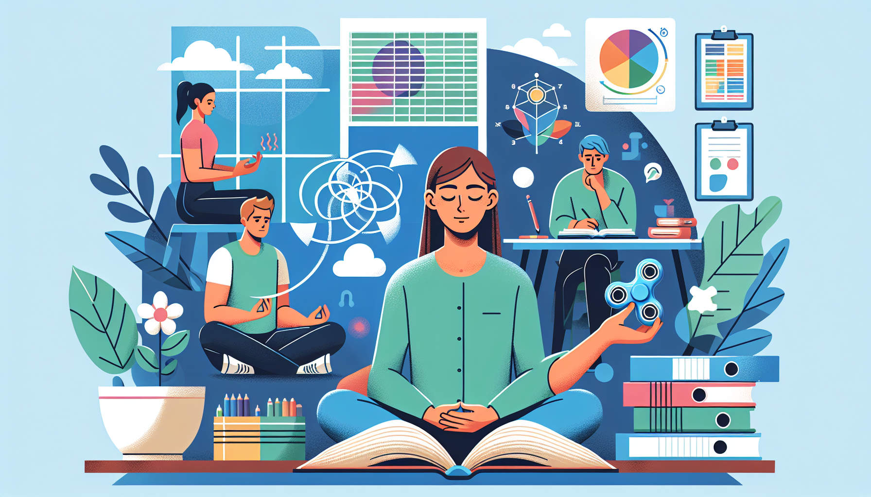 Ilustracja przedstawiająca różne metody leczenia ADHD u dorosłych.