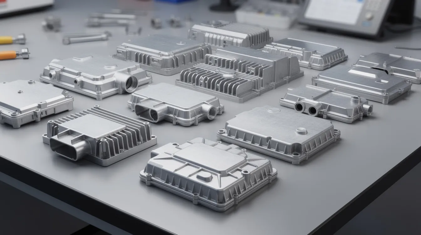 An array of precision aluminum die cast automotive and electronics housings is neatly arranged on an inspection table, showcasing high-quality die cast components ready for quality control. The display highlights the intricate design and engineering precision involved in the die casting process, emphasizing the importance of high pressure die casting in producing reliable parts for the automotive and electronics industries.