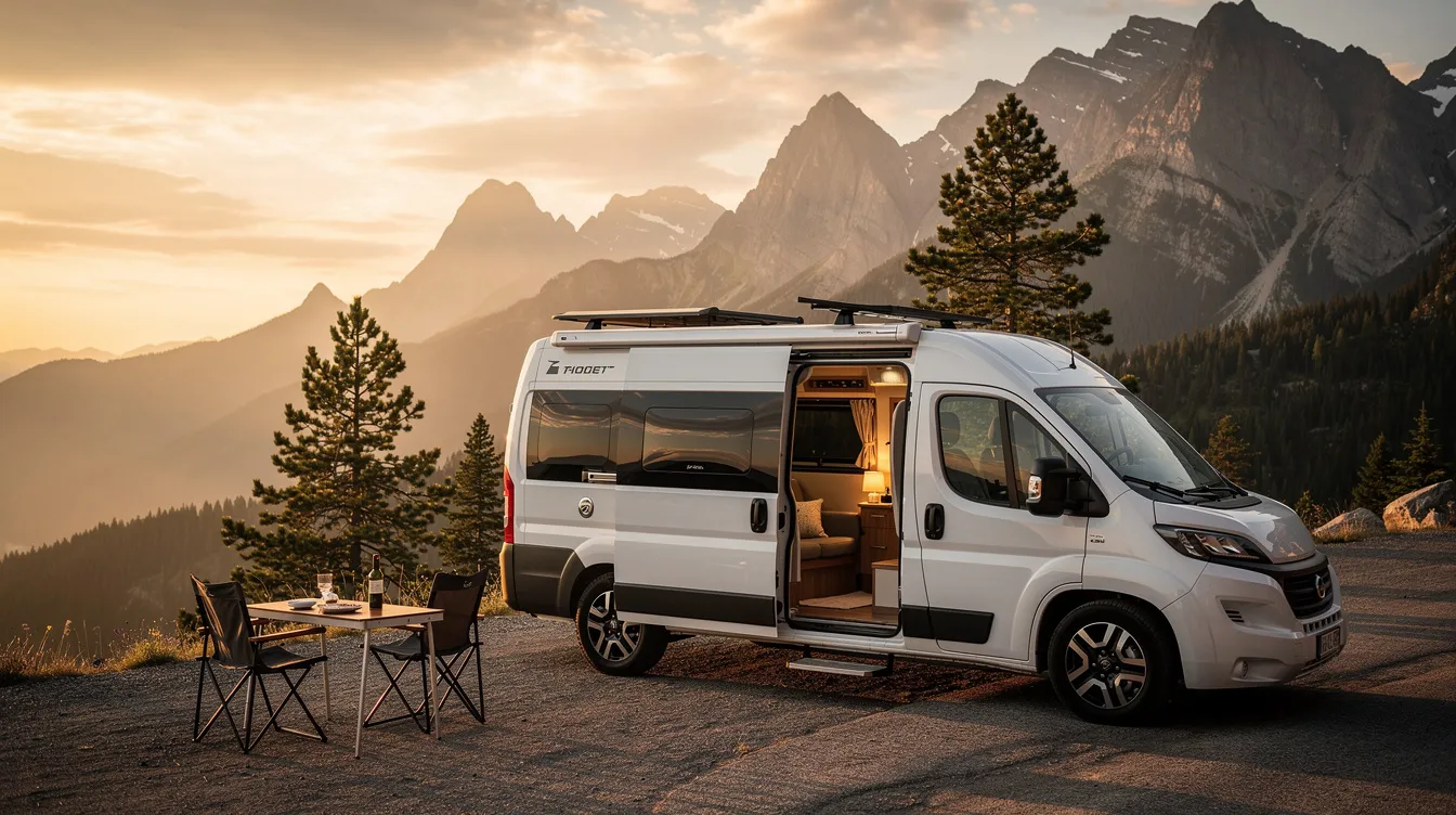 The image depicts a mobile RV parked in a scenic outdoor location, showcasing its air conditioner unit on the roof. This RV is equipped with a generator for power, ensuring that it can run essential systems like the AC while on the road or in remote areas.