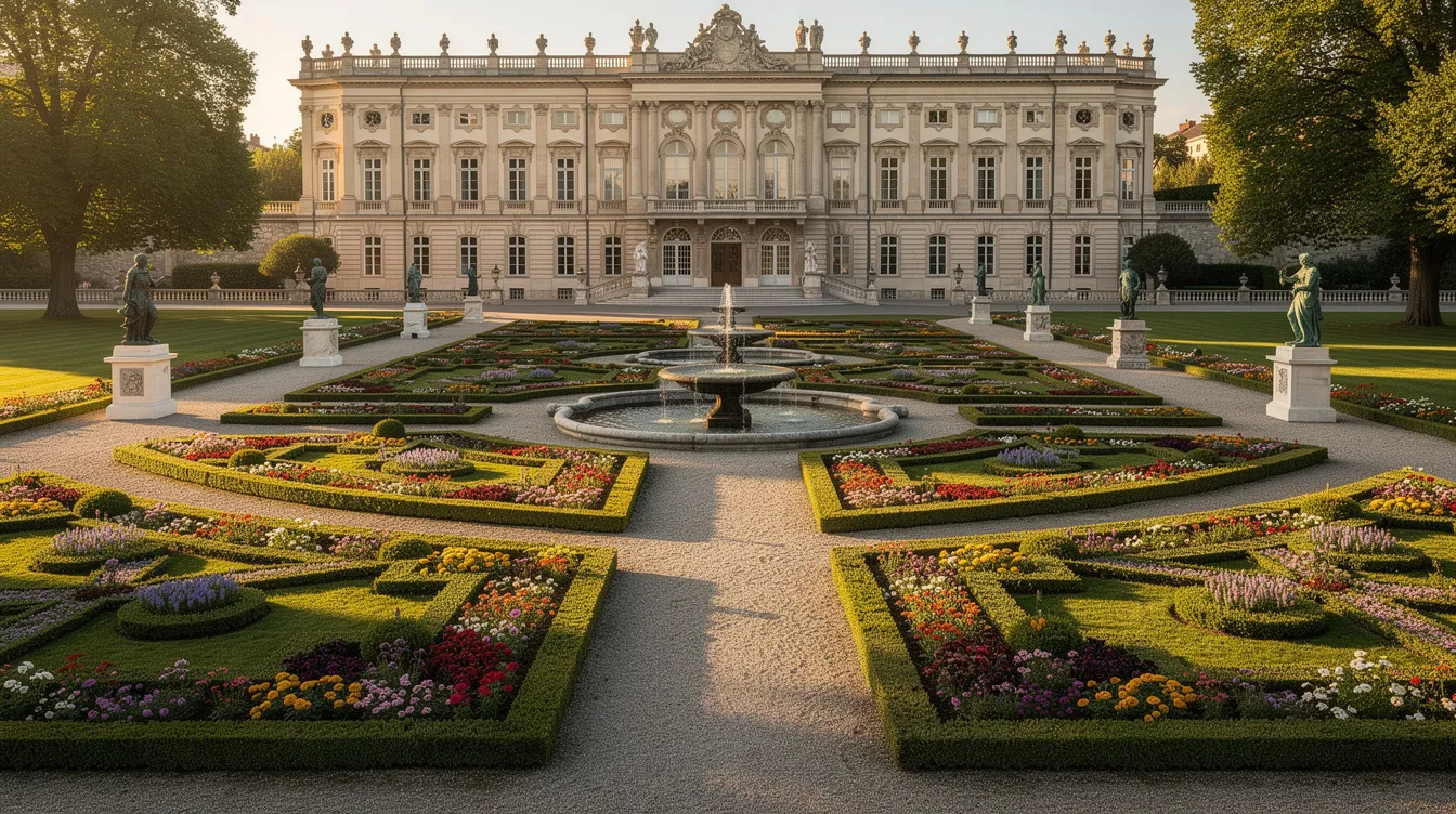 Imagem de jardins paisagísticos com canteiros geométricos, fontes e esculturas, situados ao redor de um palácio histórico em Varsóvia. O cenário reflete a rica história e arquitetura da cidade, destacando o patrimônio cultural da Polônia.