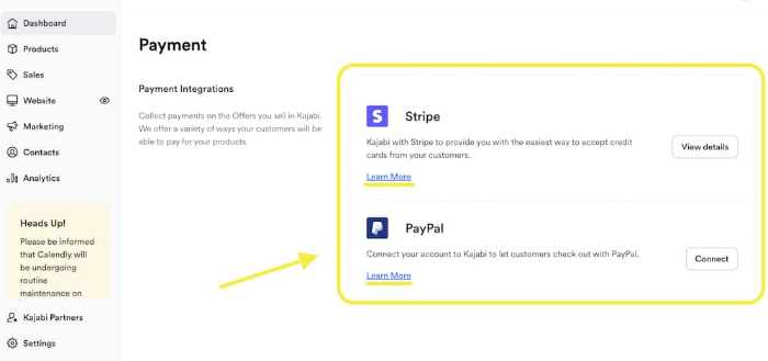 Screenshot showing payment integration options