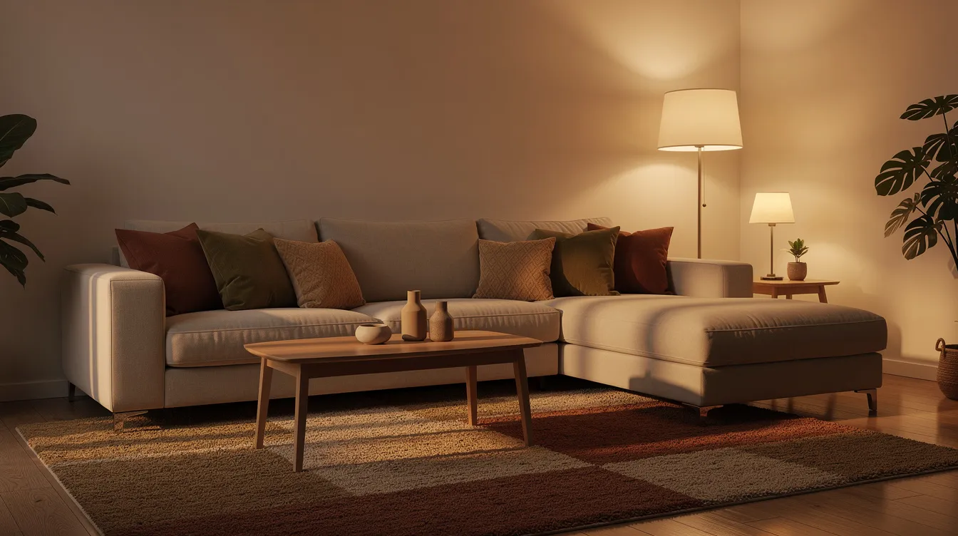 Een warme woonkamer met een beige hoekbank, versierd met verschillende kussens in aardetinten, waaronder vierkante en ronde sierkussens, die een gezellige sfeer creëren. Op de vloer ligt een zacht vloerkleed dat de ruimte een comfortabele uitstraling geeft.