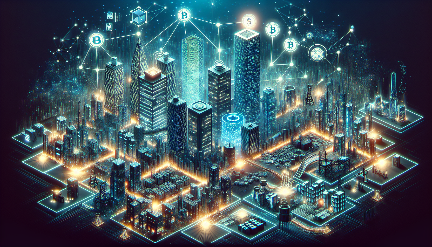 Artistic depiction of various use cases of Layer 1 blockchains including decentralized finance and supply chain management