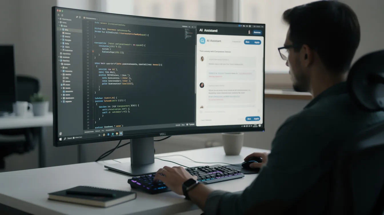 The image depicts a software developer intently reviewing code on a computer screen, with an AI coding assistant panel open alongside, illustrating the integration of AI tools in software engineering. This scene highlights the evolving job market, where white collar workers are increasingly utilizing artificial intelligence to enhance productivity and streamline repetitive tasks.