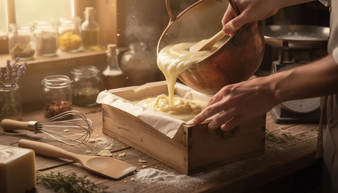 The image shows a close-up view of a sunlit workshop where traditional soap-making is taking place, featuring natural fats like beef tallow and shea butter. This environment highlights the process of creating skincare products that offer moisturizing benefits and are rich in essential vitamins, catering to various skin types, including acne-prone and dry skin.