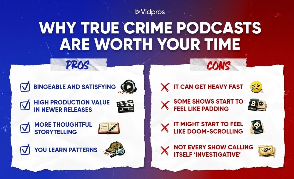 Graphic titled “Why true crime podcasts are worth your time,” showing a pros vs cons list with icons on each side.